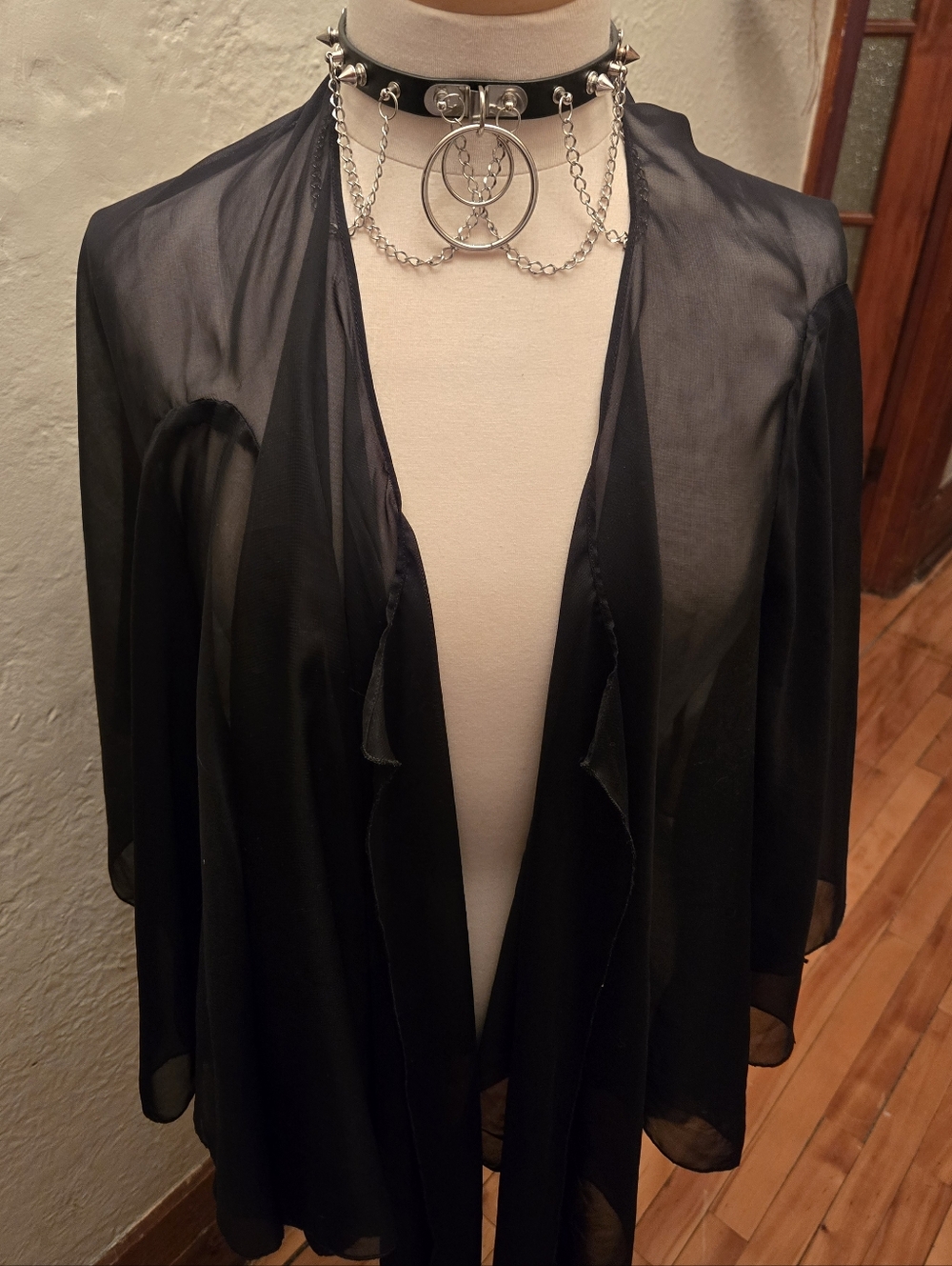 Vintage Black Sheer Chiffon Duster Kimono Cardigan Open Front Y2K